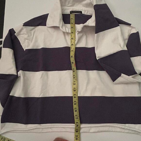 Brandy Melville Navy Blue White Striped Long Sleeve Polo Shirt Cropped - Picture 7 of 9